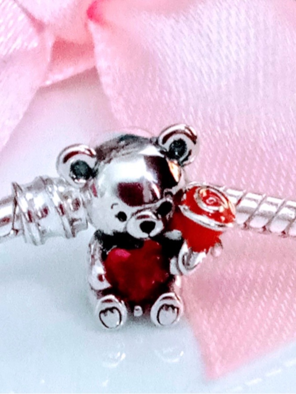 S925 Sterling Silver Teddy Bear charm with Red Heart and Rose, Pandora FIT
